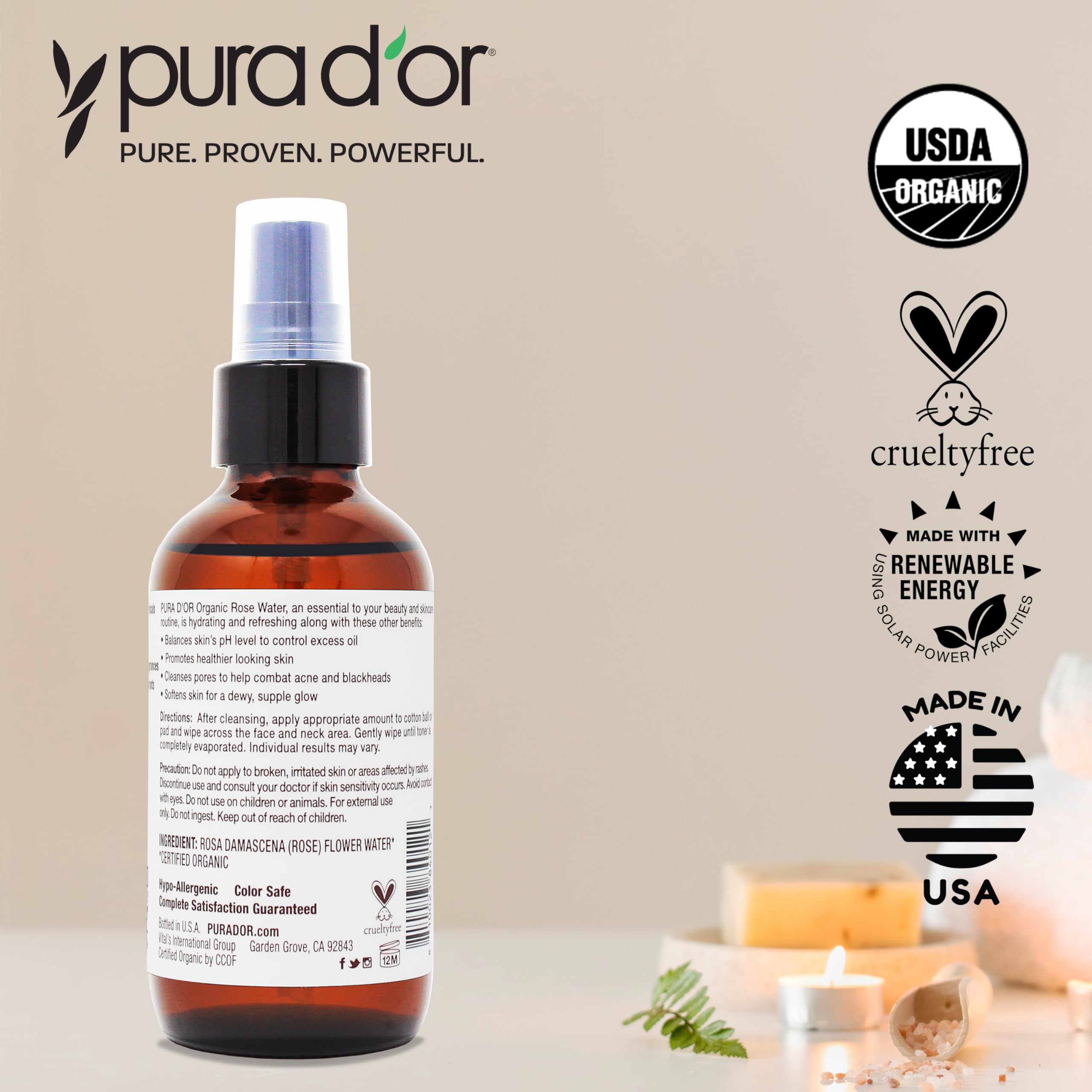 PURA D'OR Rose Water Toner bottle on vanity with dewy glow and refreshed skin.