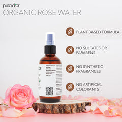 PURA D'OR Rose Water Toner ingredients highlight antioxidants and natural hydrators for soothing skin.