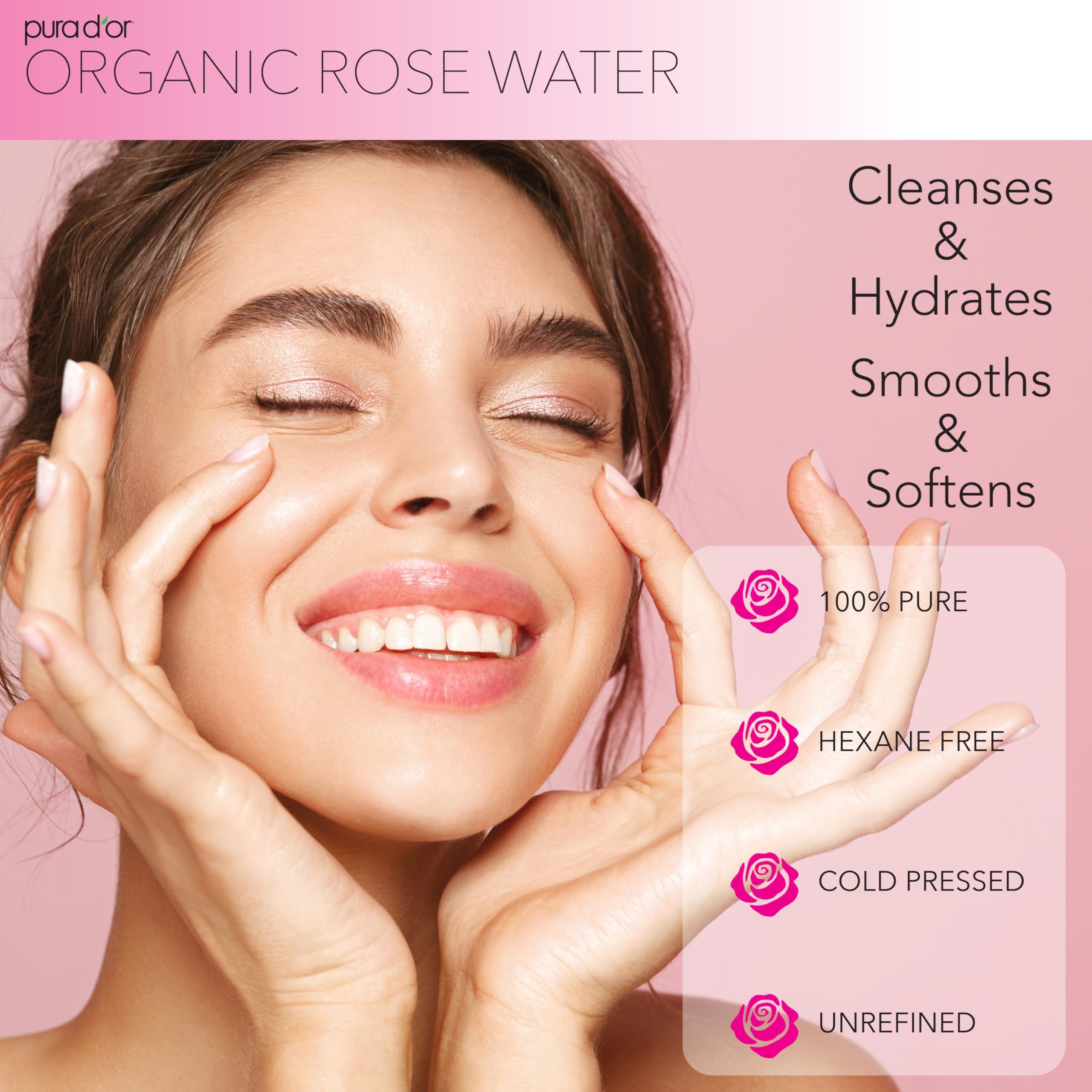 PURA D'OR Rose Water Toner packaging flat lay emphasizes clean, cruelty-free skincare.