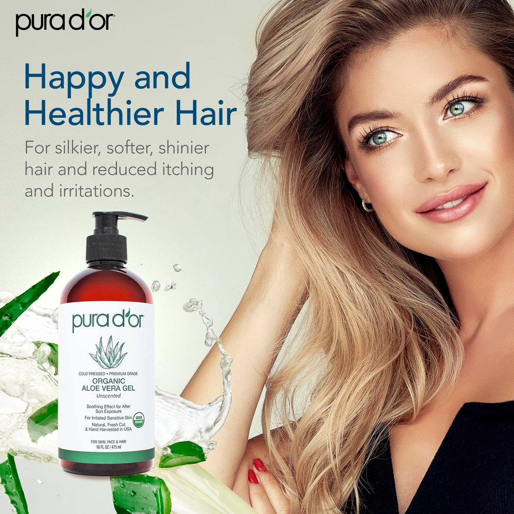 PURA D'OR Unscented Aloe Vera Gel packaging highlights zero preservatives