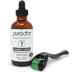 PURA D'OR vitamin C serum bottle close-up highlighting premium packaging and texture