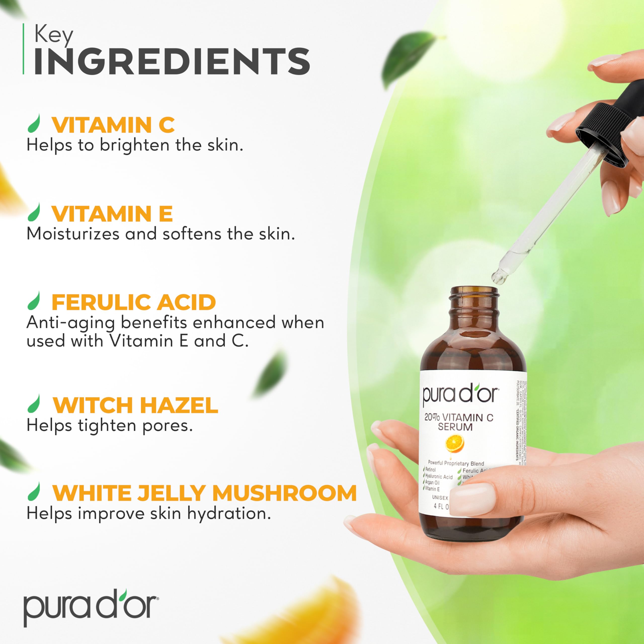 PURA D'OR Vitamin C Serum plant-based formula closeup emphasizes gentle night care
