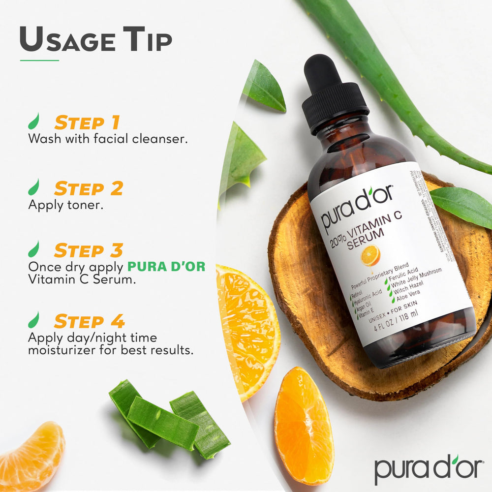 PURA D'OR Vitamin C Serum bottle on skincare setup signals lightweight hydration