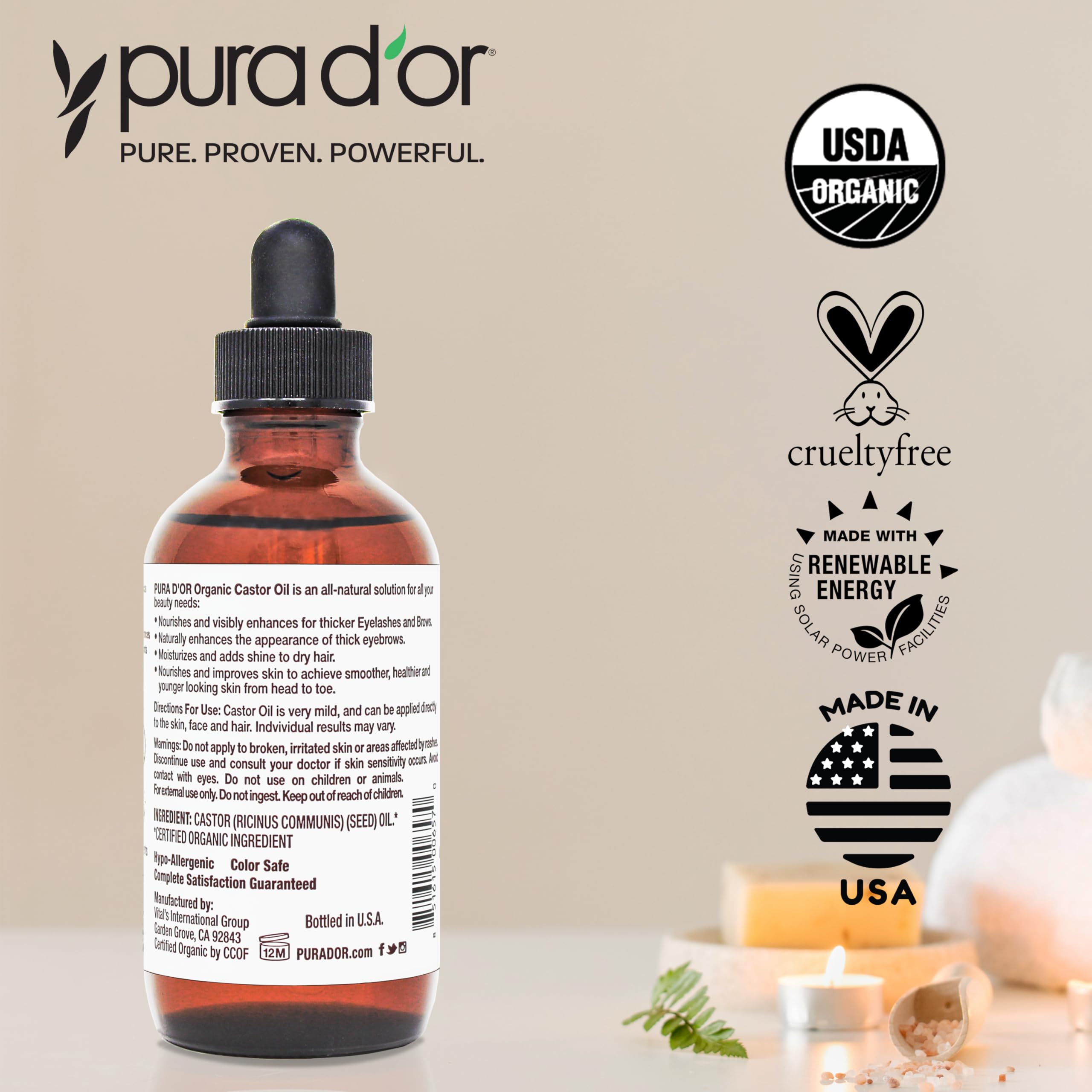 PURA D'OR Castor Oil label highlighting USDA Organic certification and purity