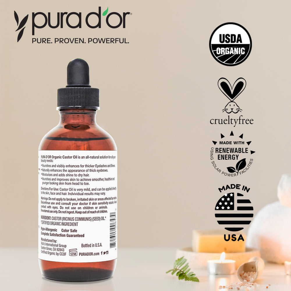 PURA D'OR Castor Oil label highlighting USDA Organic certification and purity