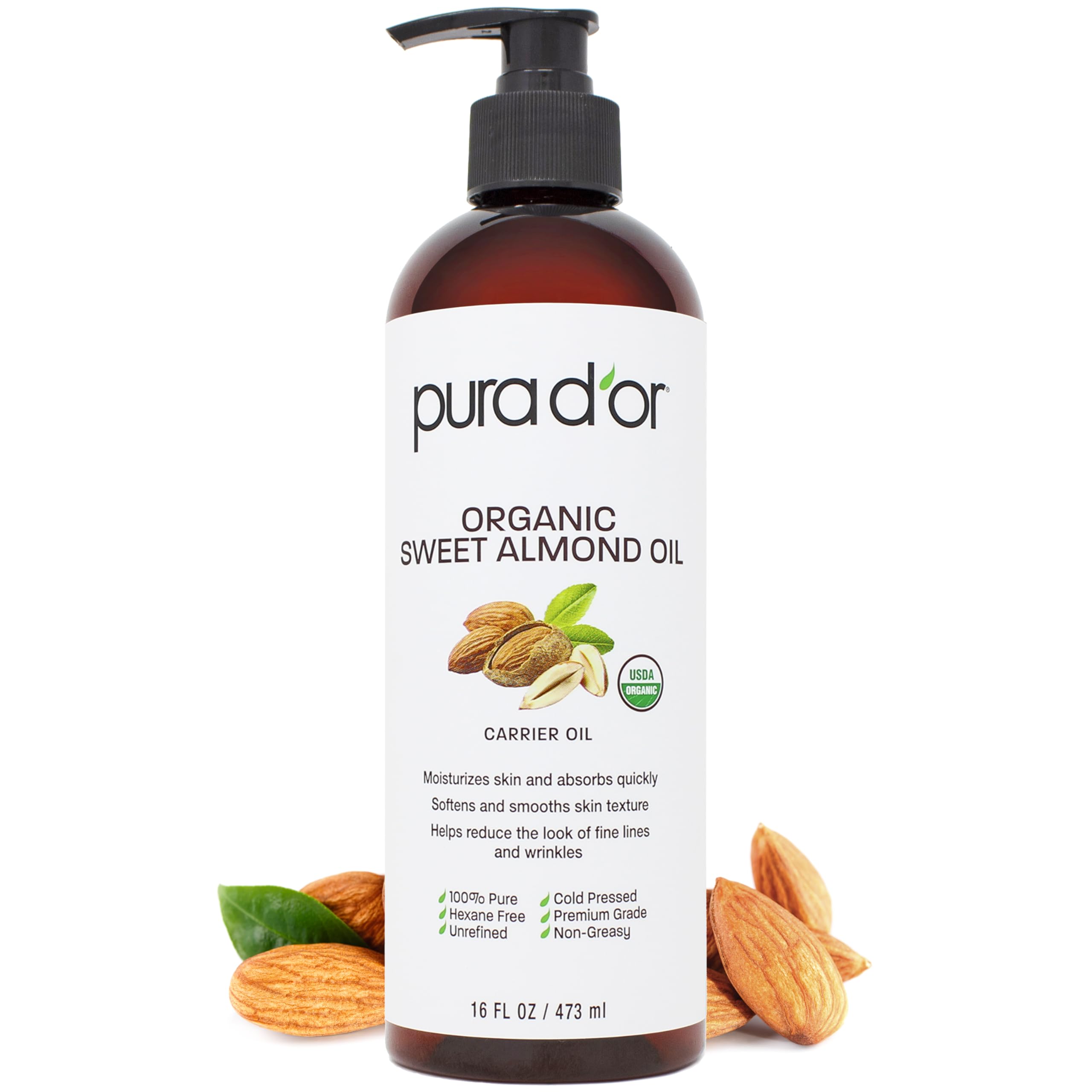 PURA D'OR Sweet Almond Oil bottle front displaying pure organic oil for skin and hair care.