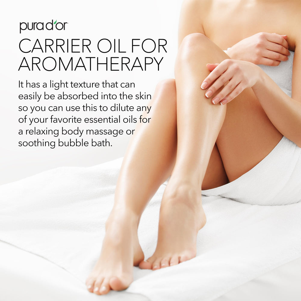PURA D'OR Sweet Almond Oil hair application showing lightweight nourishment.