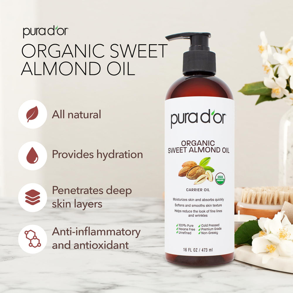 PURA D'OR Sweet Almond Oil label closeup highlighting USDA Organic certification and purity.