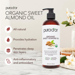 PURA D'OR Sweet Almond Oil label closeup highlighting USDA Organic certification and purity.