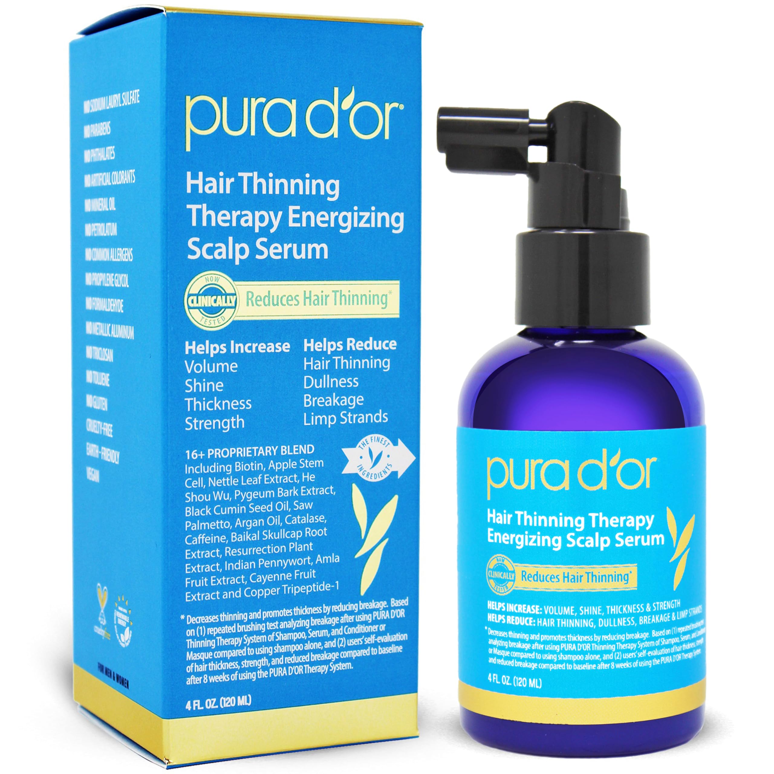 Puradordor hair thinning therapy serum bottle front promotes scalp care and potential thickness.