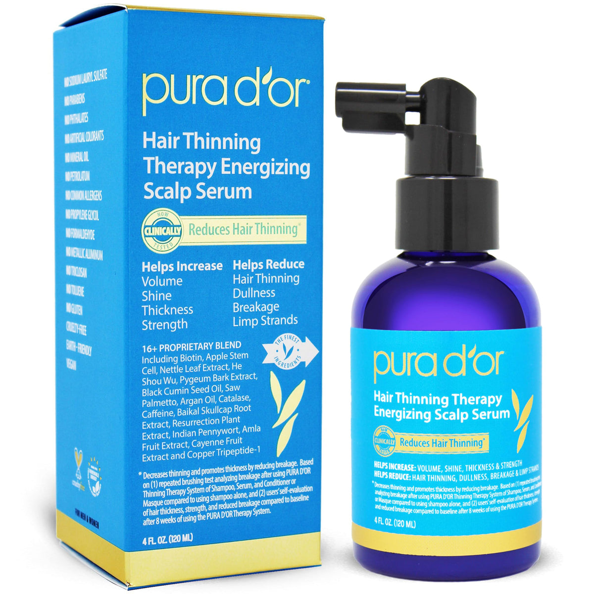 Puradordor hair thinning therapy serum bottle front promotes scalp care and potential thickness.