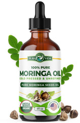 PURA VIDA MORINGA oil bottle front showing purity for skin, hair, and nails