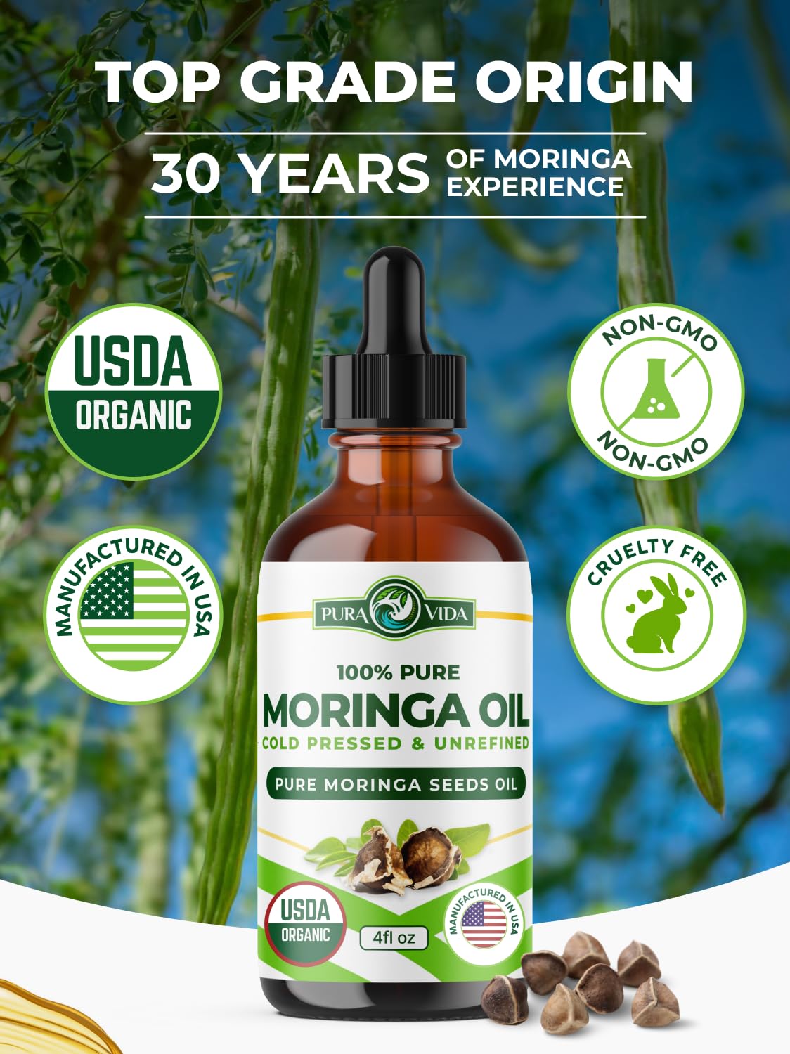 PURA VIDA MORINGA oil dropper pour reveals silky texture for fast absorption