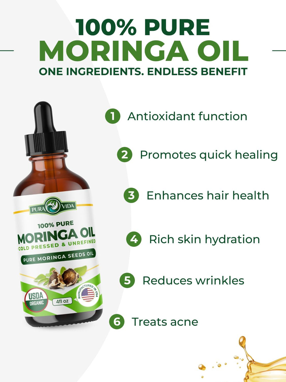 PURA VIDA MORINGA oil label closeup highlights USDA Organic single-origin claim