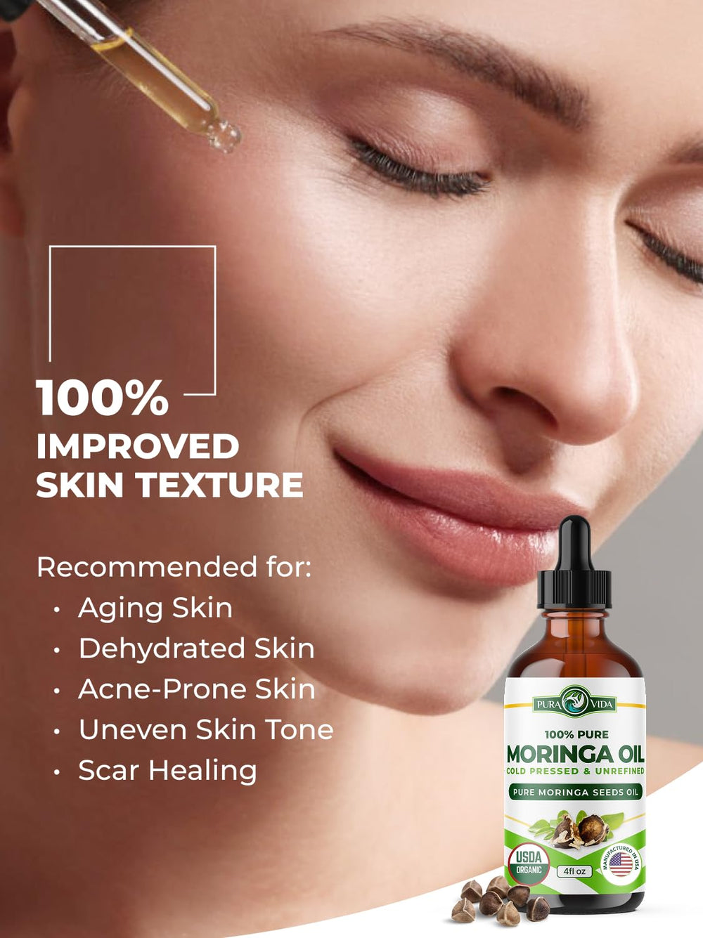 PURA VIDA MORINGA oil packaging box communicates recyclable packaging and purity