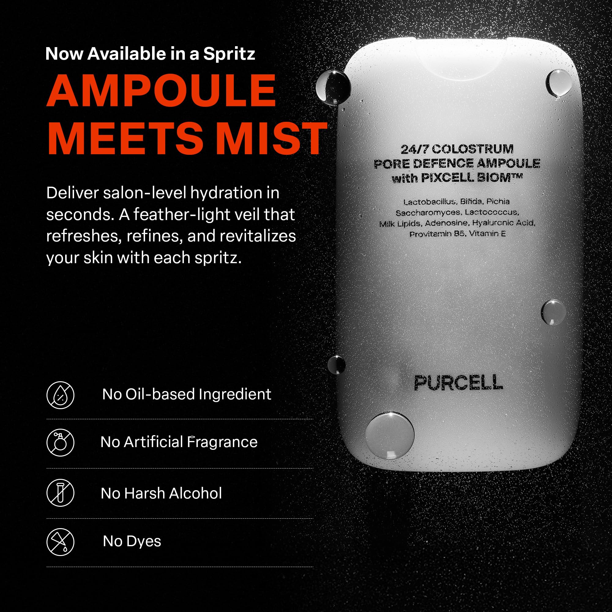 PURCELL mist glass skin finish reveals dewy glow and pore-softening effect in a spritz