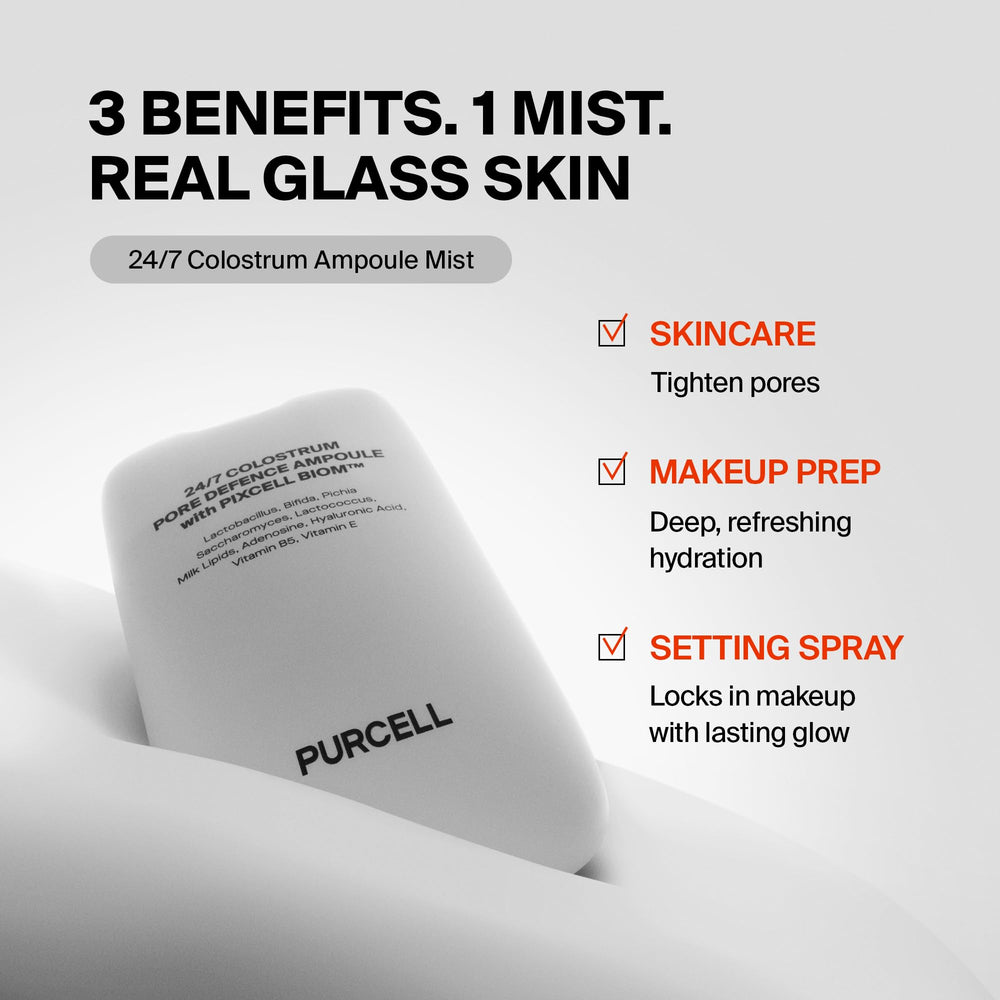 Purcell 24/7 Colostrum Ampoule Mist pour demonstrates quick refresh on the skin.