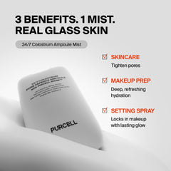 Purcell 24/7 Colostrum Ampoule Mist pour demonstrates quick refresh on the skin.