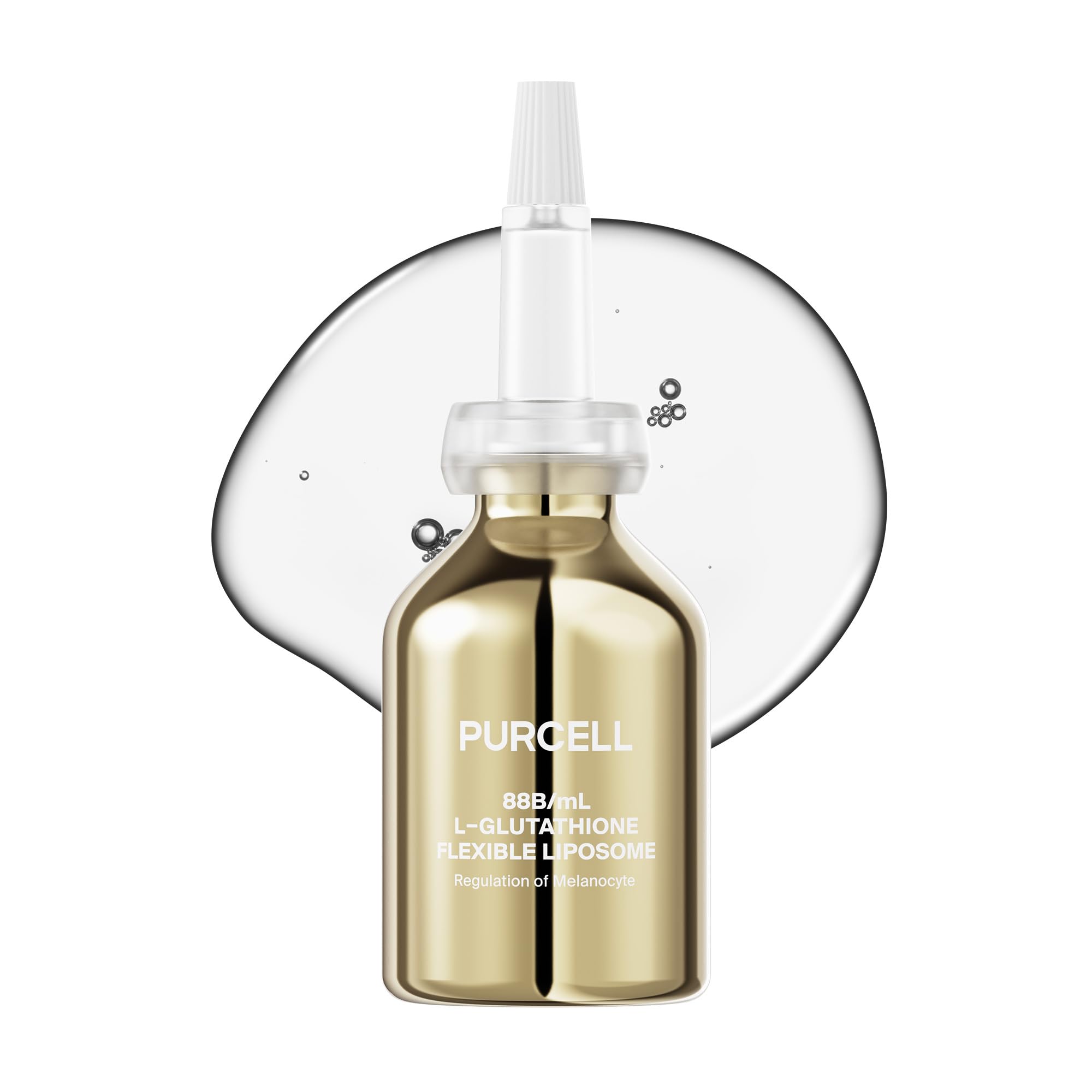 PurCELL 5% L-Glutathione liposomal serum bottle highlights high-concentration antioxidant power for brightening.