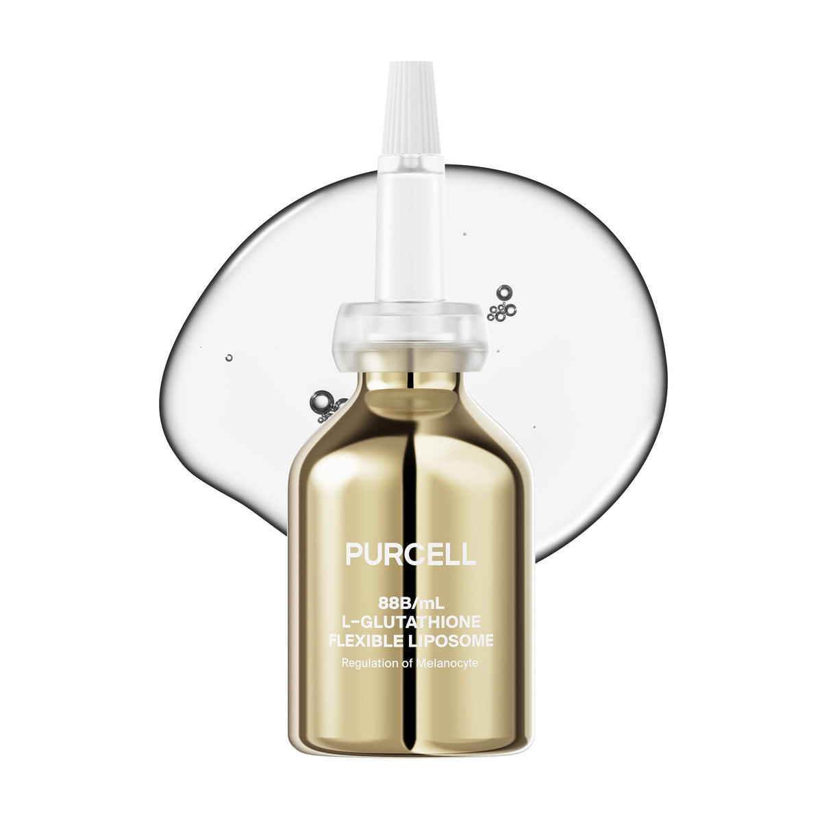 PurCELL 5% L-Glutathione liposomal serum bottle highlights high-concentration antioxidant power for brightening.