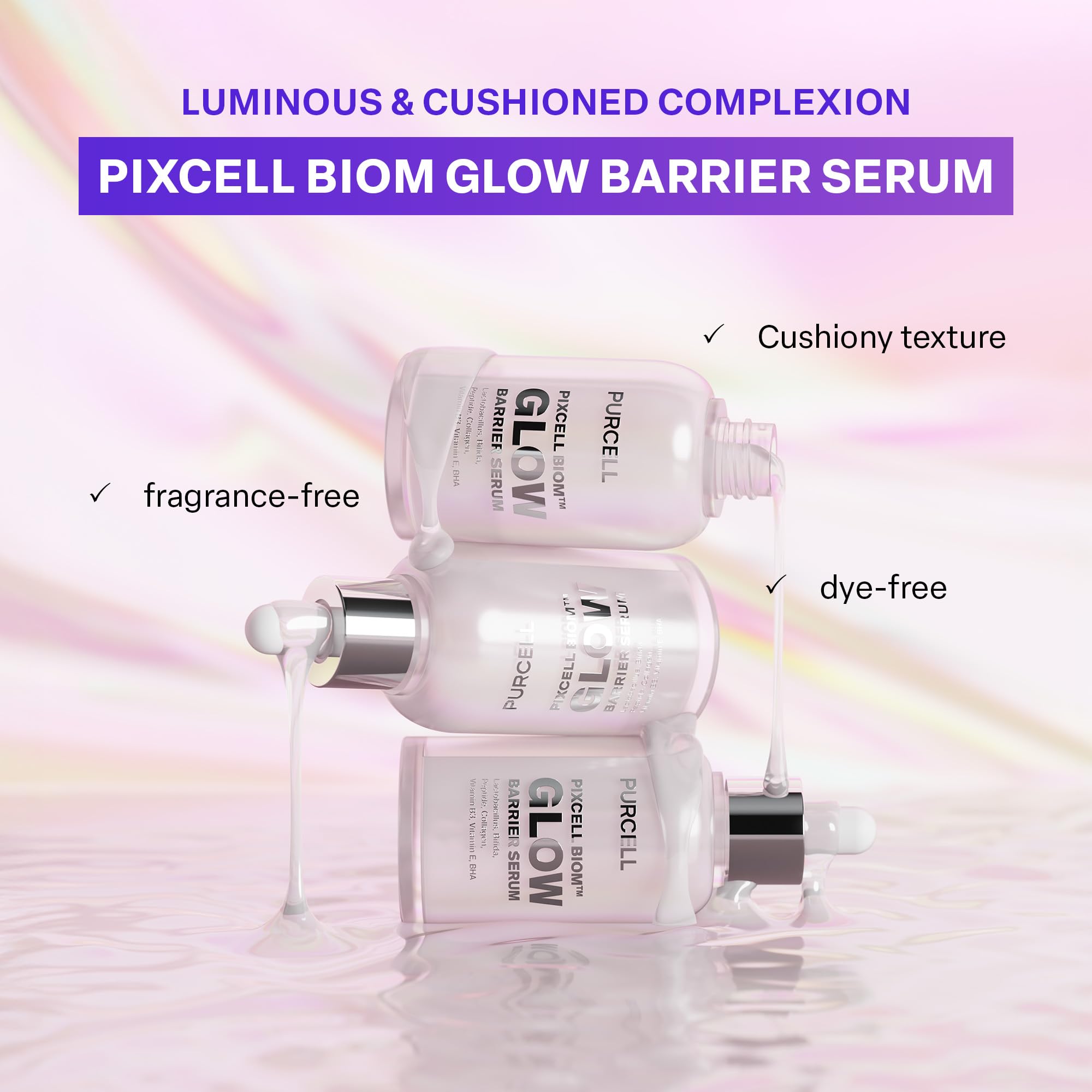 PURCELL Pixcell Biom Glow Barrier Serum combines squalane and niacinamide for skin support.