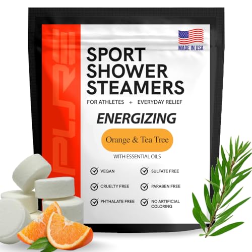 Pure Athlete energizing shower steamer closeup highlighting orange-tea-tree tablet for refreshing morning ritual.
