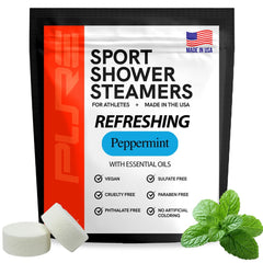 Pure Athlete peppermint sport shower steamer packaging signals USA-made clean ingredients.