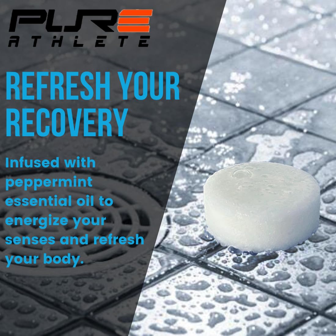 Pure Athlete peppermint shower steamer unwrapped reveals minty aroma for quick rituals.