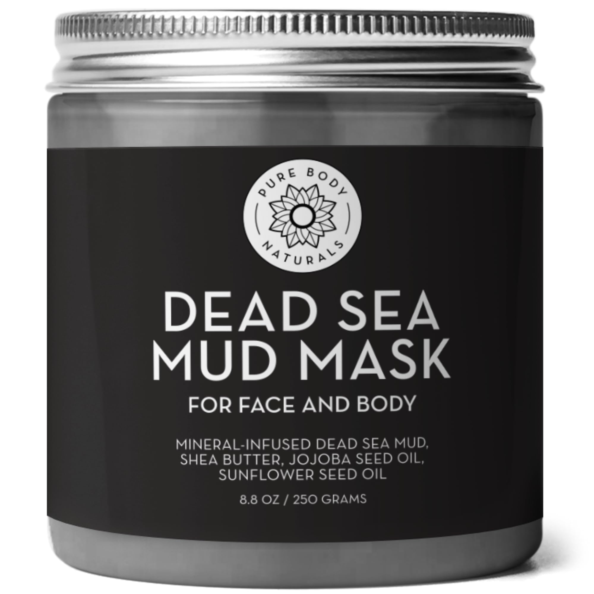 Pure Body Naturals Dead Sea Mud Mask jar closeup highlighting mineral-rich texture for clear skin.
