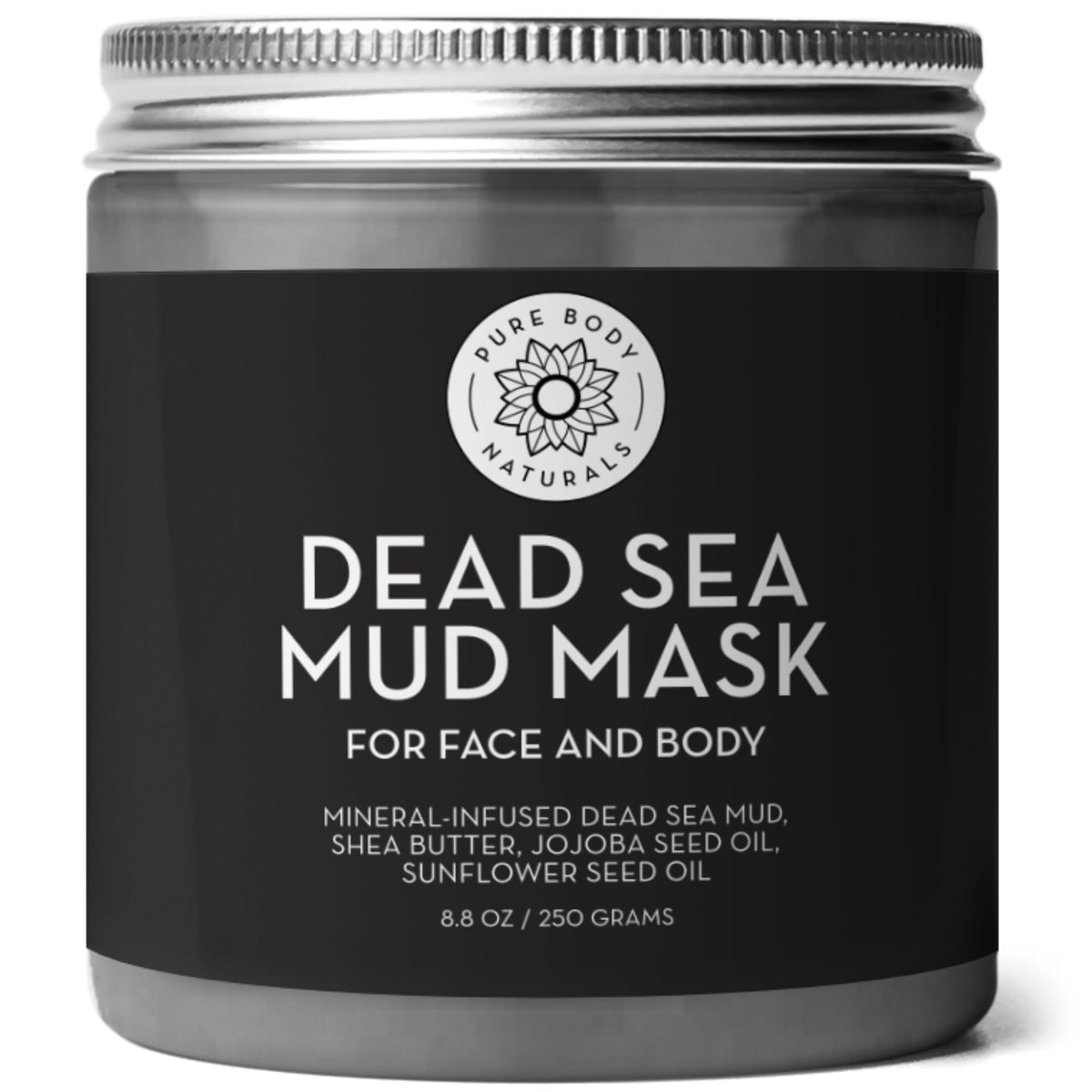 Pure Body Naturals Dead Sea Mud Mask jar closeup highlighting mineral-rich texture for clear skin.