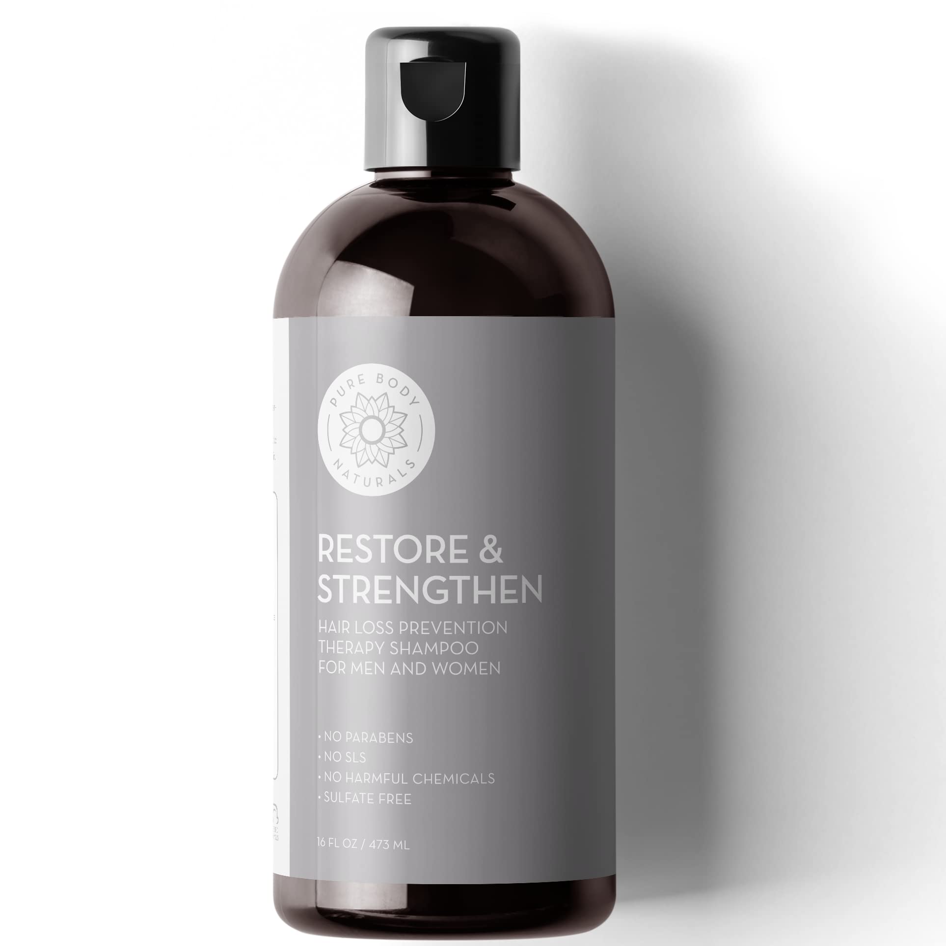 Pure Body Naturals Hair Loss Shampoo bottle shown for thinning hair support.