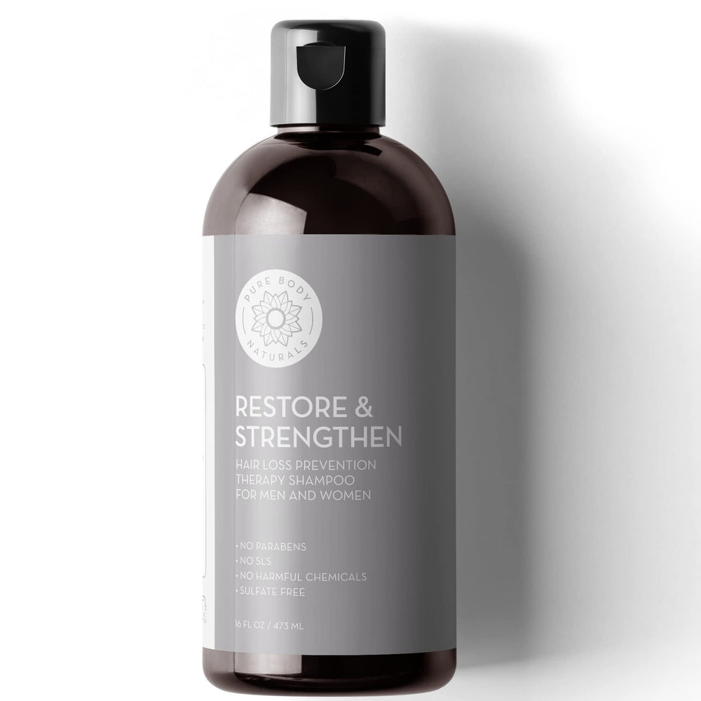 Pure Body Naturals Hair Loss Shampoo bottle shown for thinning hair support.
