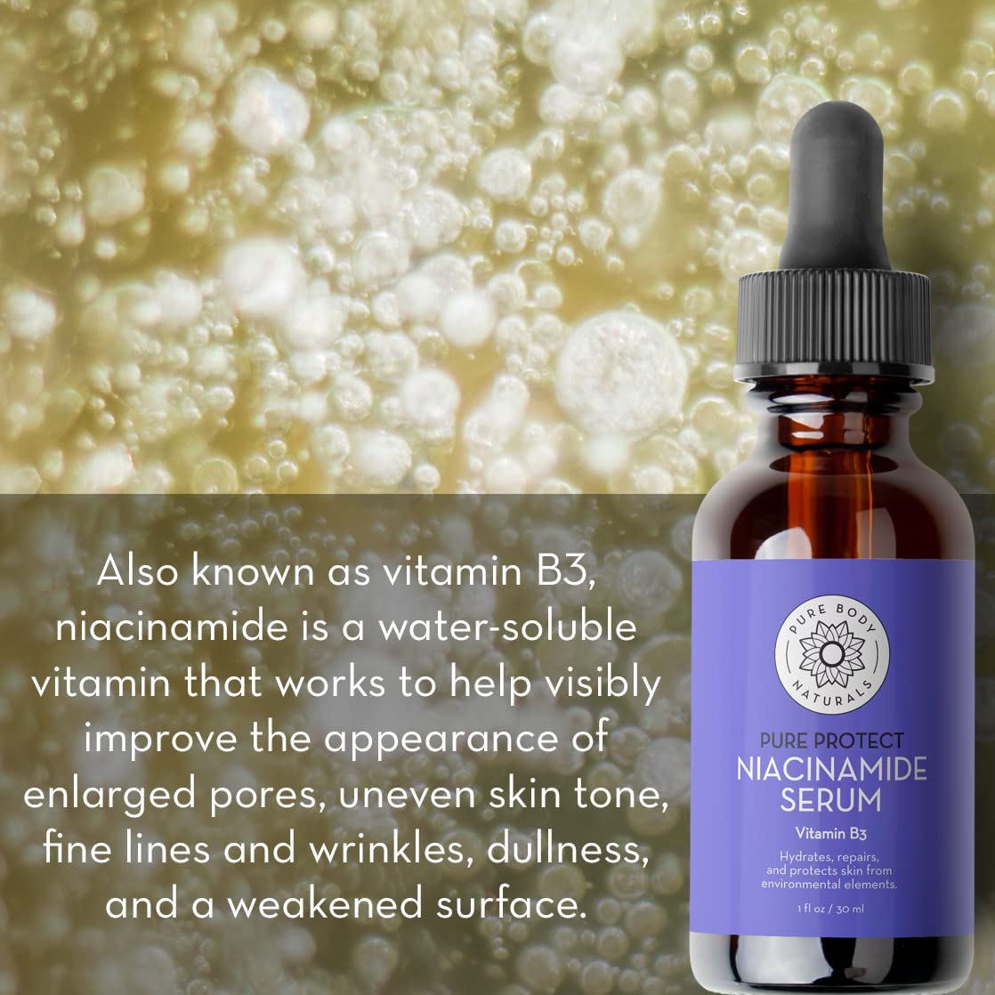 Pure Body Naturals niacinamide serum bottle helps smooth texture and reduce pores.