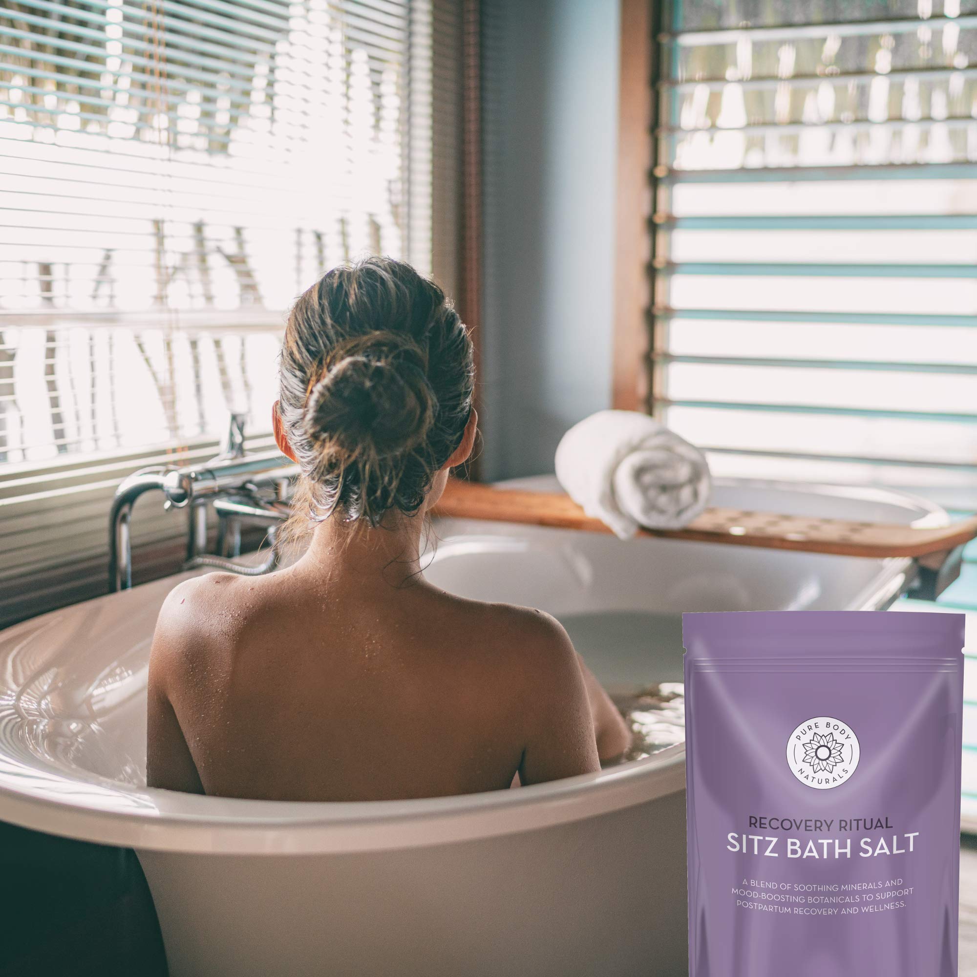 Pure Body Naturals Sitz Bath Salt bottle front highlights easy daily postpartum comfort.