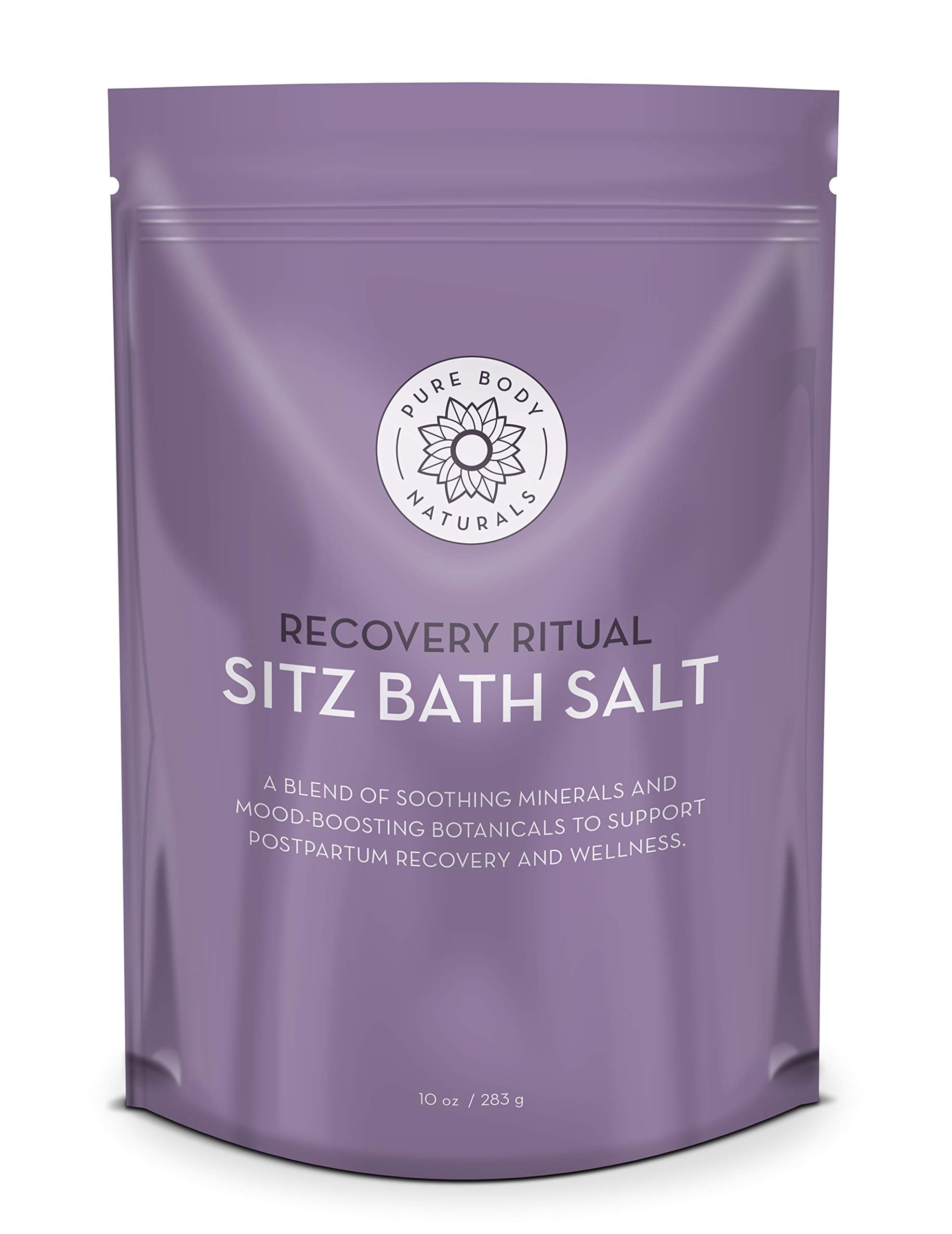 Pure Body Naturals Sitz Bath Salt packaging highlights vegan, cruelty-free formula for gentle postpartum care