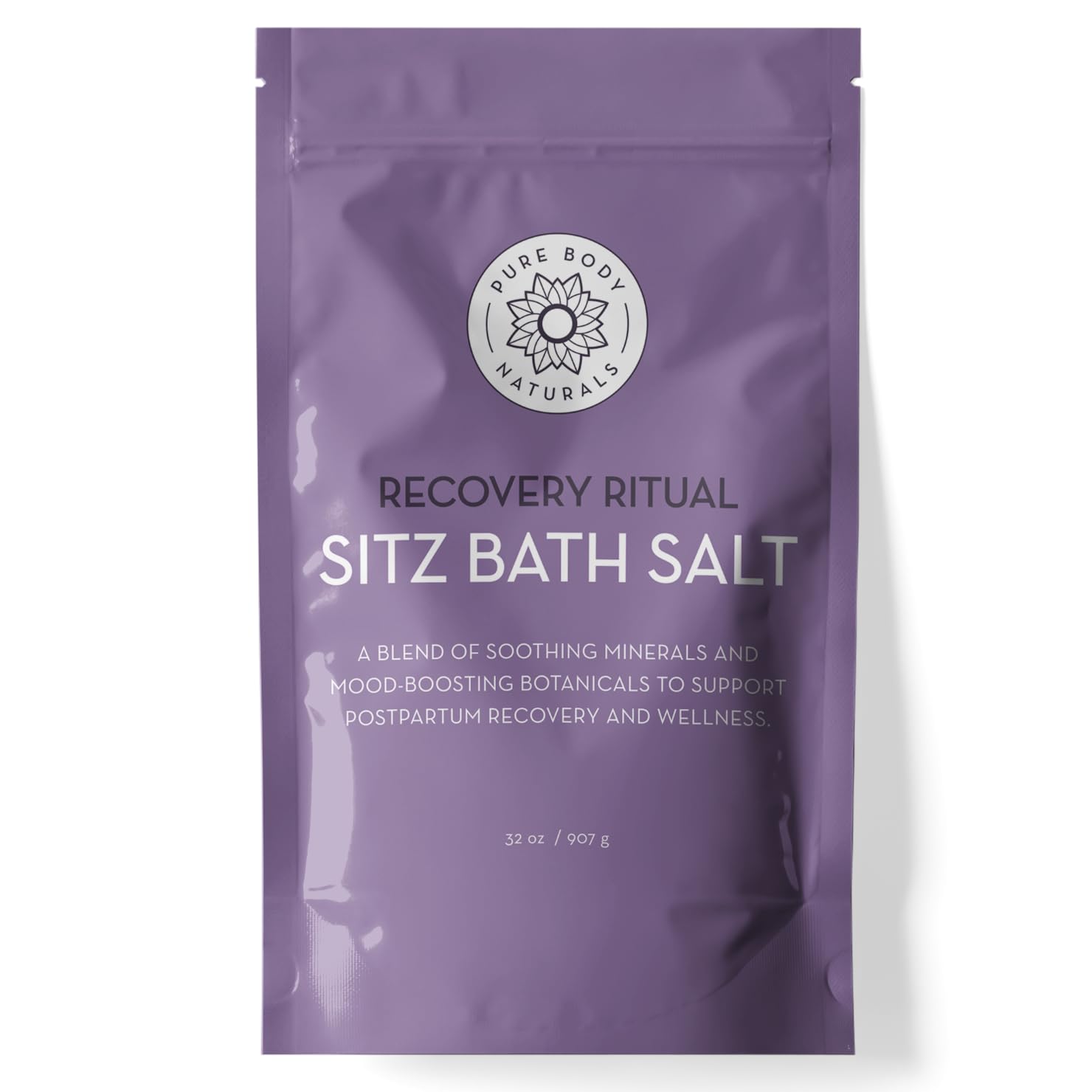 Pure Body Naturals Sitz Bath Salt packaging shows a calm, all-natural postpartum care product.