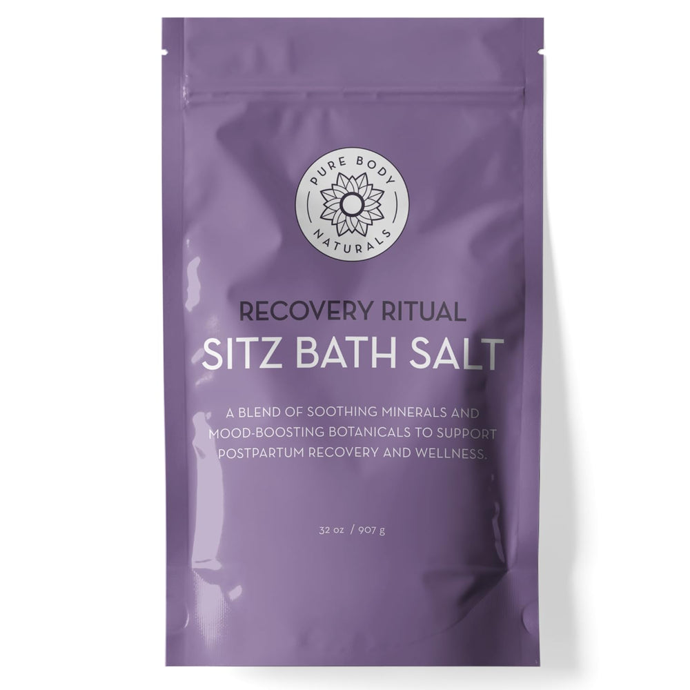 Pure Body Naturals Sitz Bath Salt packaging shows a calm, all-natural postpartum care product.