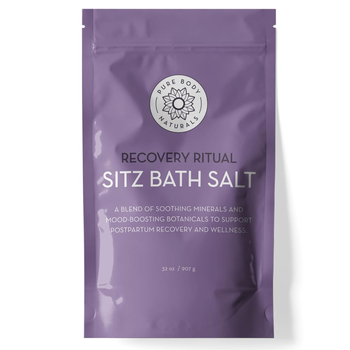 Pure Body Naturals Sitz Bath Salt packaging shows a calm, all-natural postpartum care product.