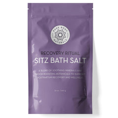 Pure Body Naturals Sitz Bath Salt packaging shows a calm, all-natural postpartum care product.
