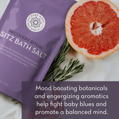 Pure Body Naturals Sitz Bath Salt being poured creates relaxing bath aromatics and mineral soak
