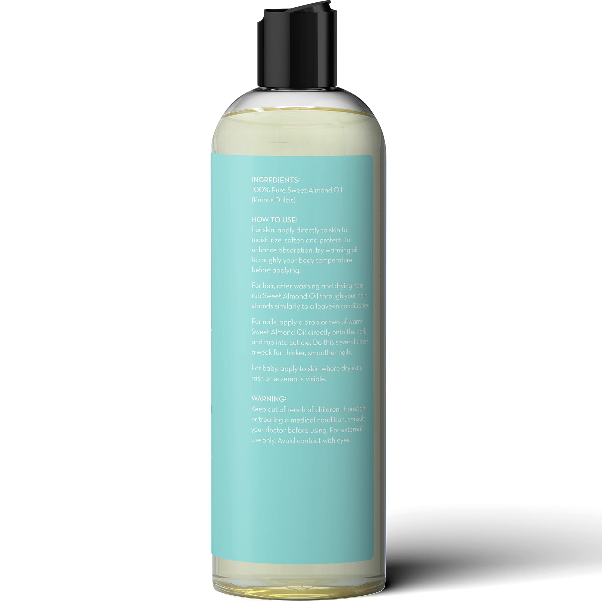 Pure Body Naturals Sweet Almond Oil in an amber bottle on a clean surface.
