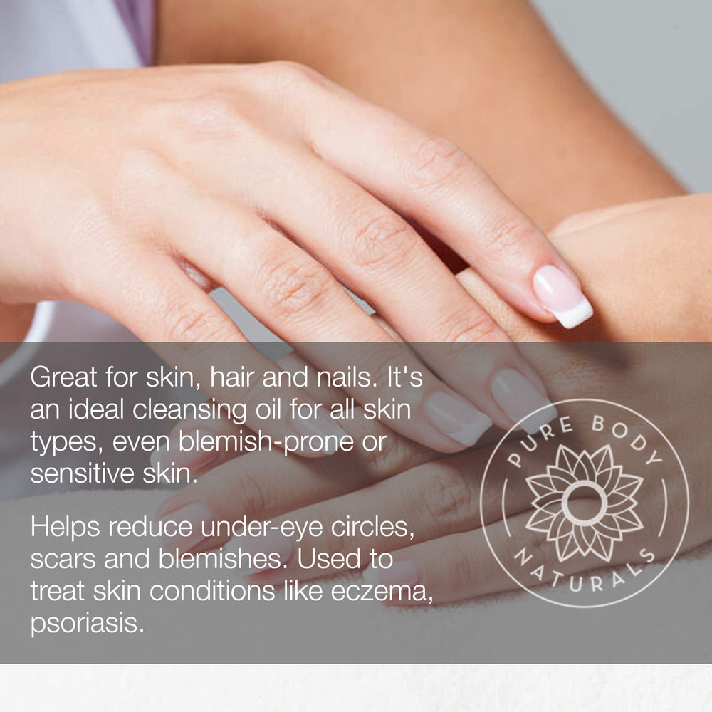 Pure Body Naturals Sweet Almond Oil held in palm showing light, non-greasy texture.