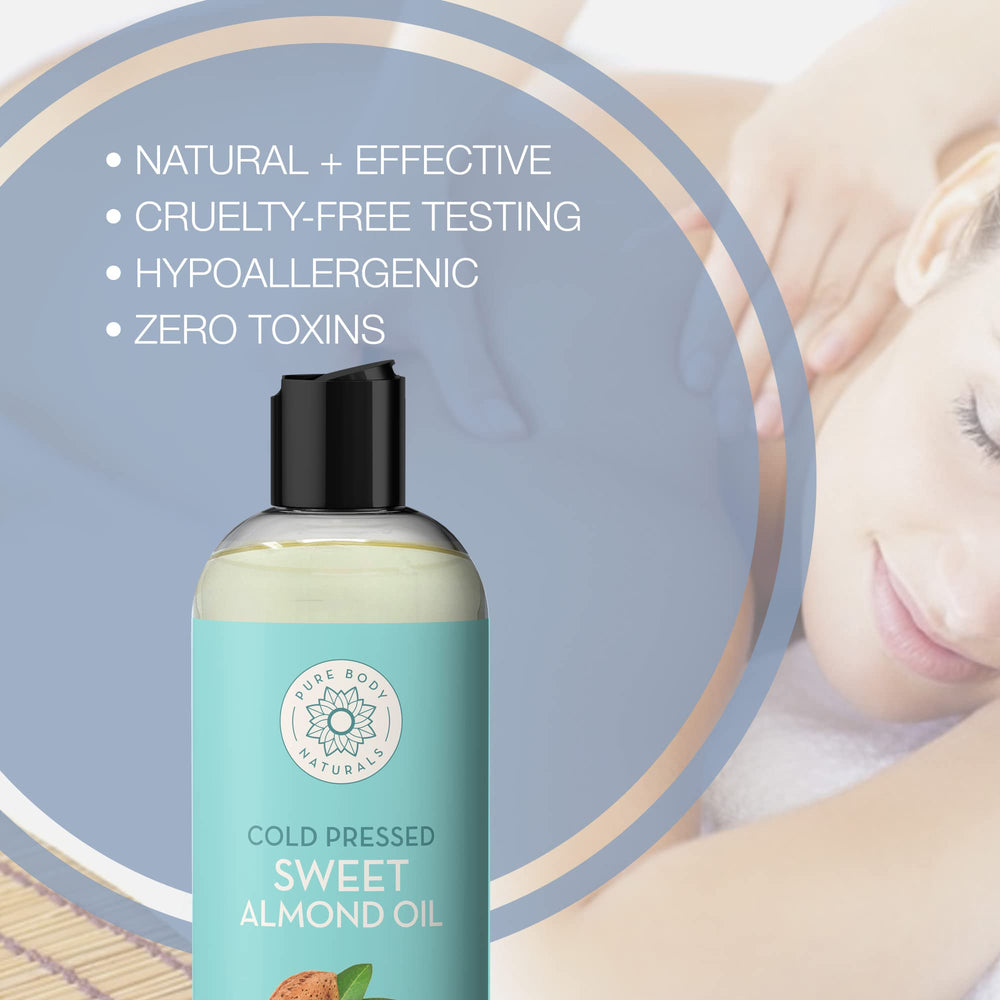 Pure Body Naturals Sweet Almond Oil on hair and scalp for moisture and shine.