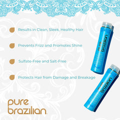 Pure Brazilian anti-frizz conditioner bottle highlights color protection and softness.