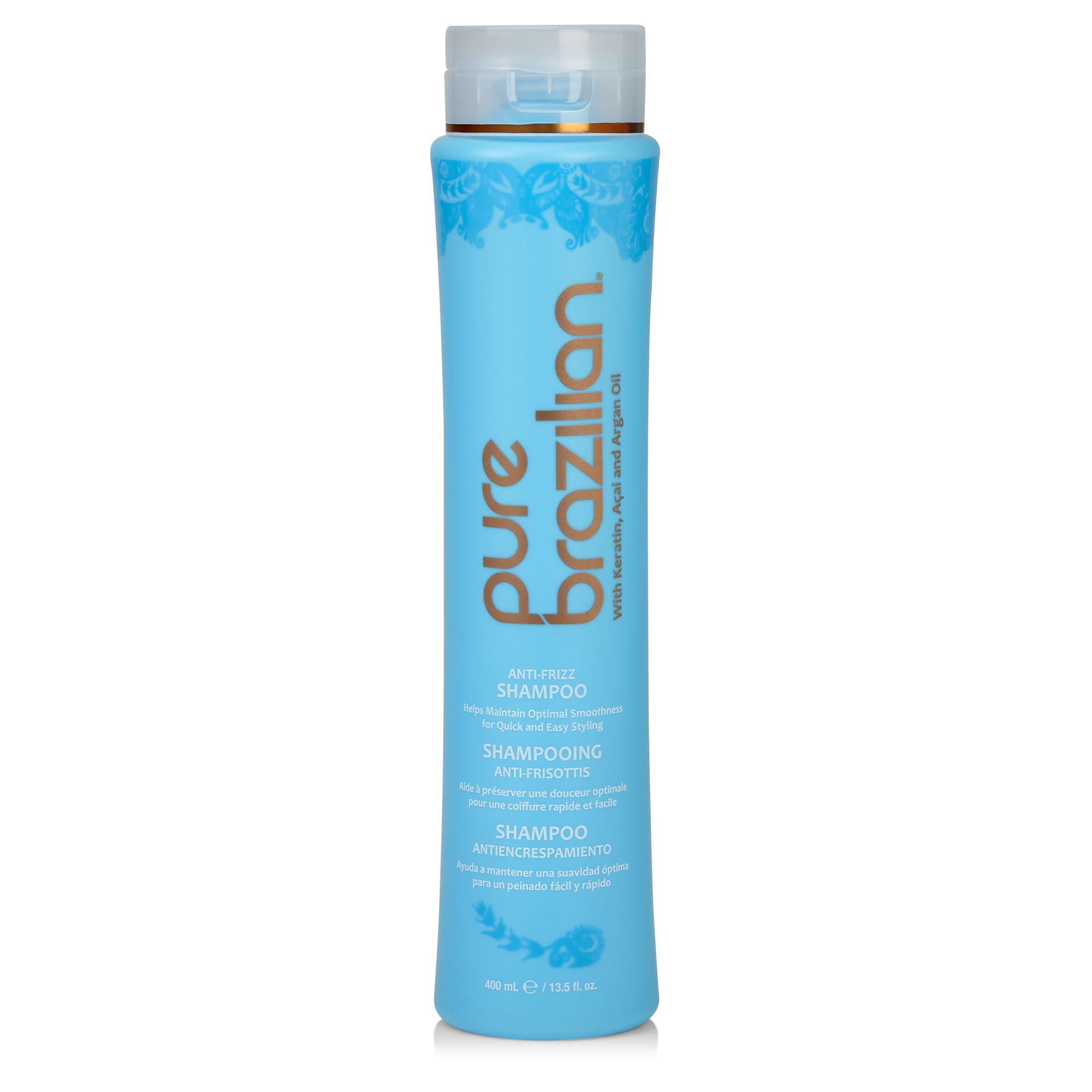 Pure Brazilian Anti-Frizz Daily Shampoo bottle shows salt-free formula for hydrated hair.