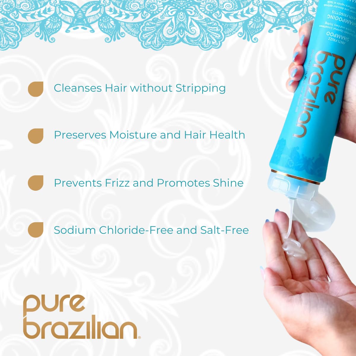 Pure Brazilian Anti-Frizz Daily Shampoo foam cleanses color-treated hair gently.