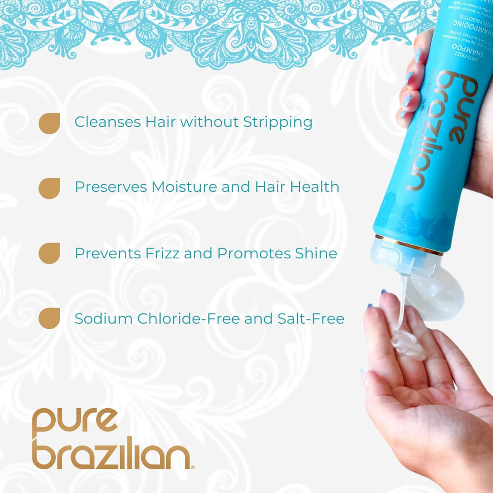 Pure Brazilian Anti-Frizz Daily Shampoo foam cleanses color-treated hair gently.