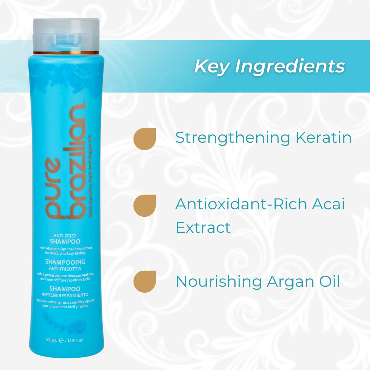 Pure Brazilian Anti-Frizz Daily Shampoo keratin-enriched formula reinforces cuticles.