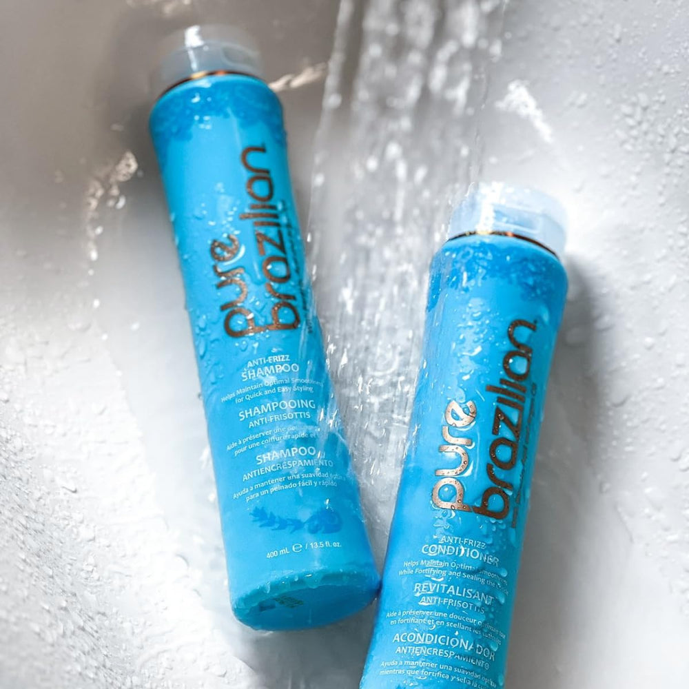 Pure Brazilian anti-frizz duo on shelf conveys salon-quality keratin treatment at home.