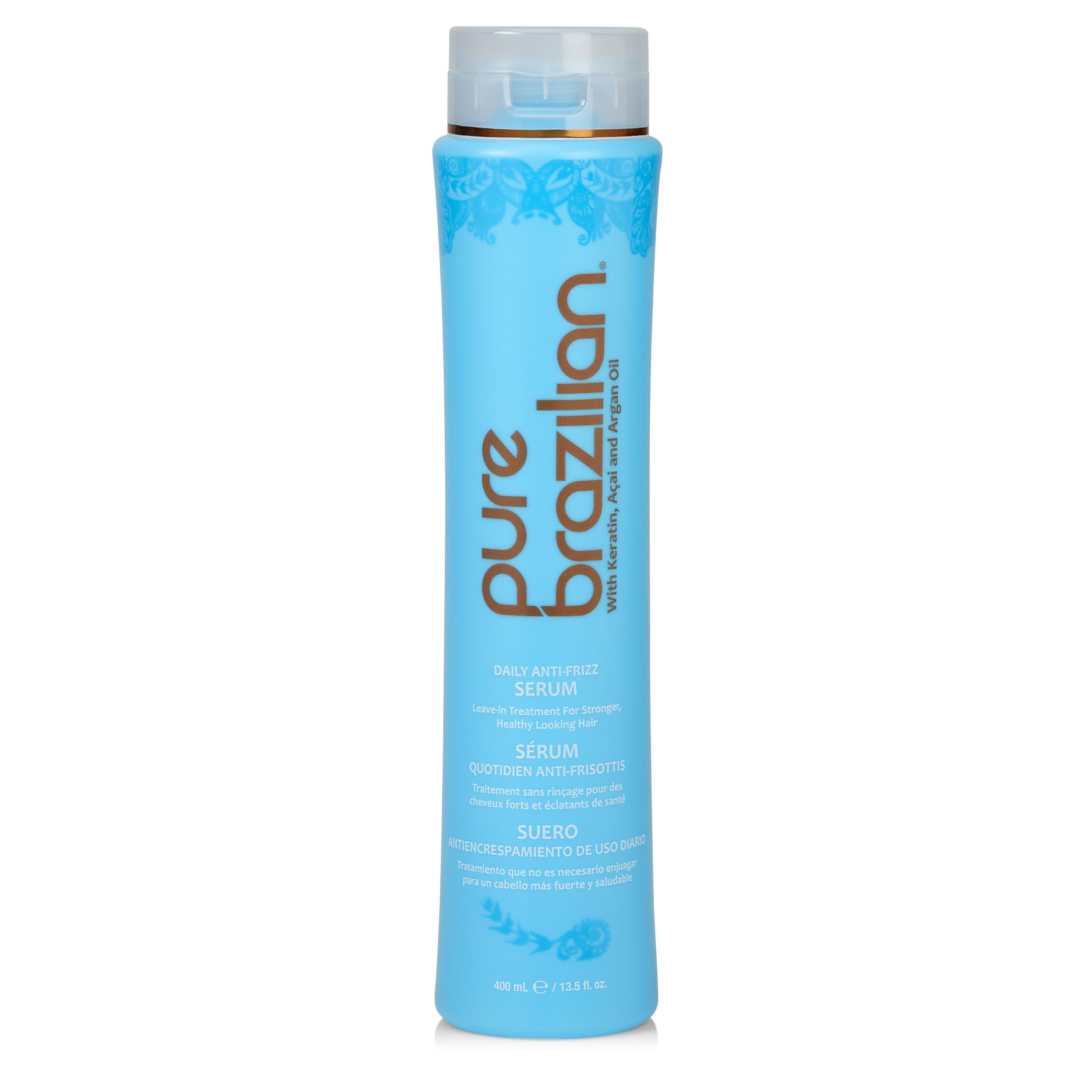 Pure Brazilian anti-frizz serum bottle close-up emphasizing frizz control for smooth hair.